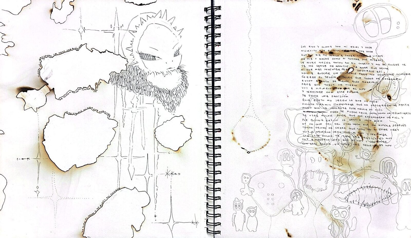 Cuaderno de bocetos con páginas quemadas